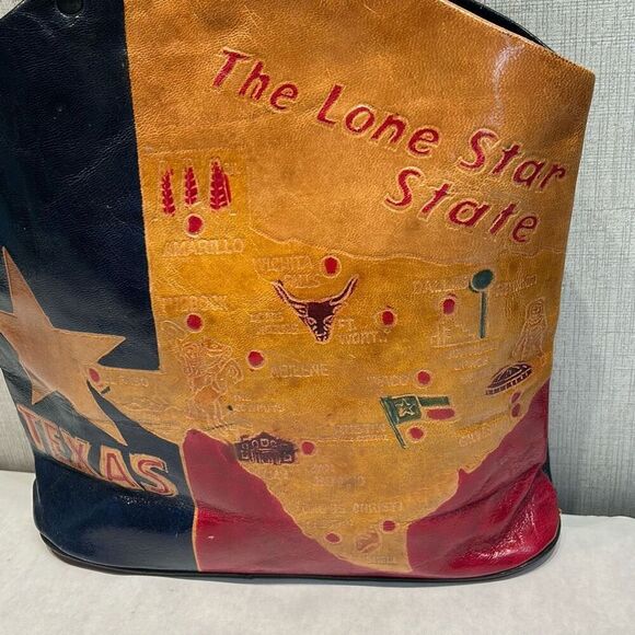 Vtg Texas Lone Star State Leather Handbag TX Flag Stamped Tooled Cities - Picture 5 of 10